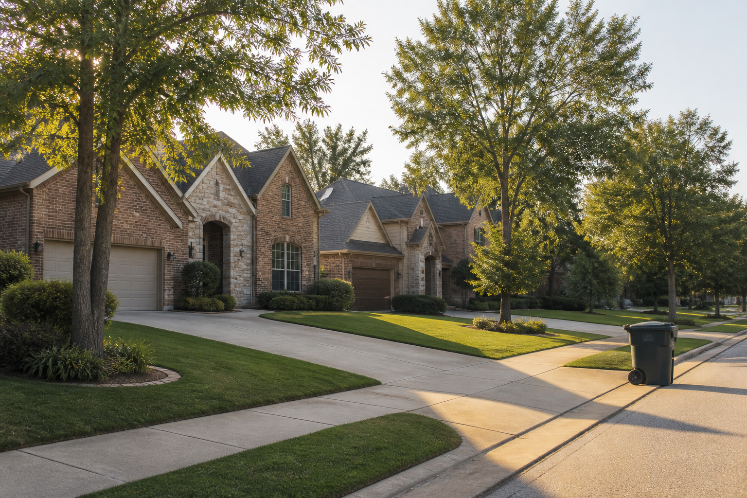 A quiet Louisville-area driveway with one can waiting at the curb