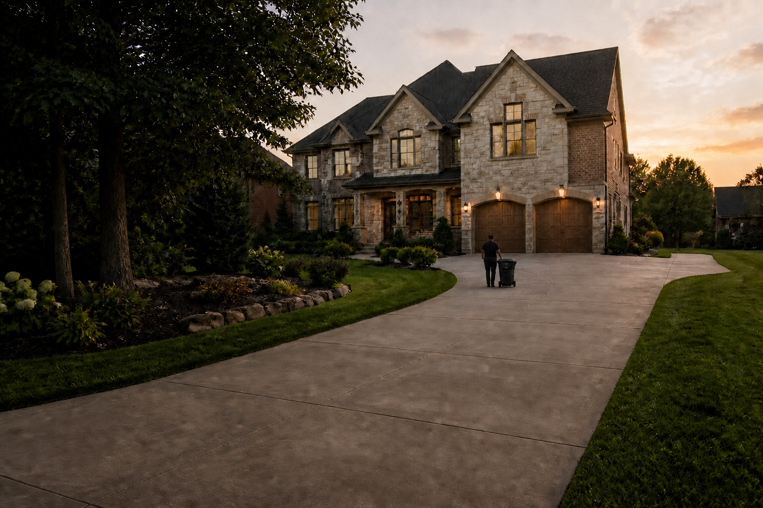 A TrashDash team member quietly rolling a can down the driveway of a Louisville-area home at dusk