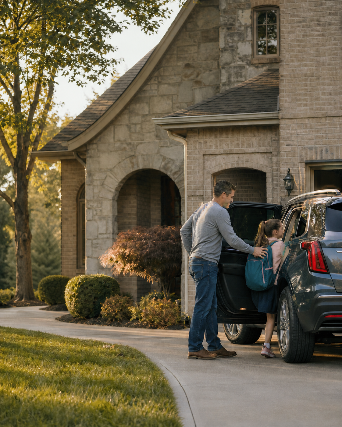 A parent helping a child into the car before a busy day